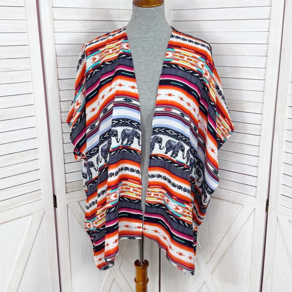 Angie‎ Southwestern Aztec Elephants Print Open Front Kimono Topper Medium